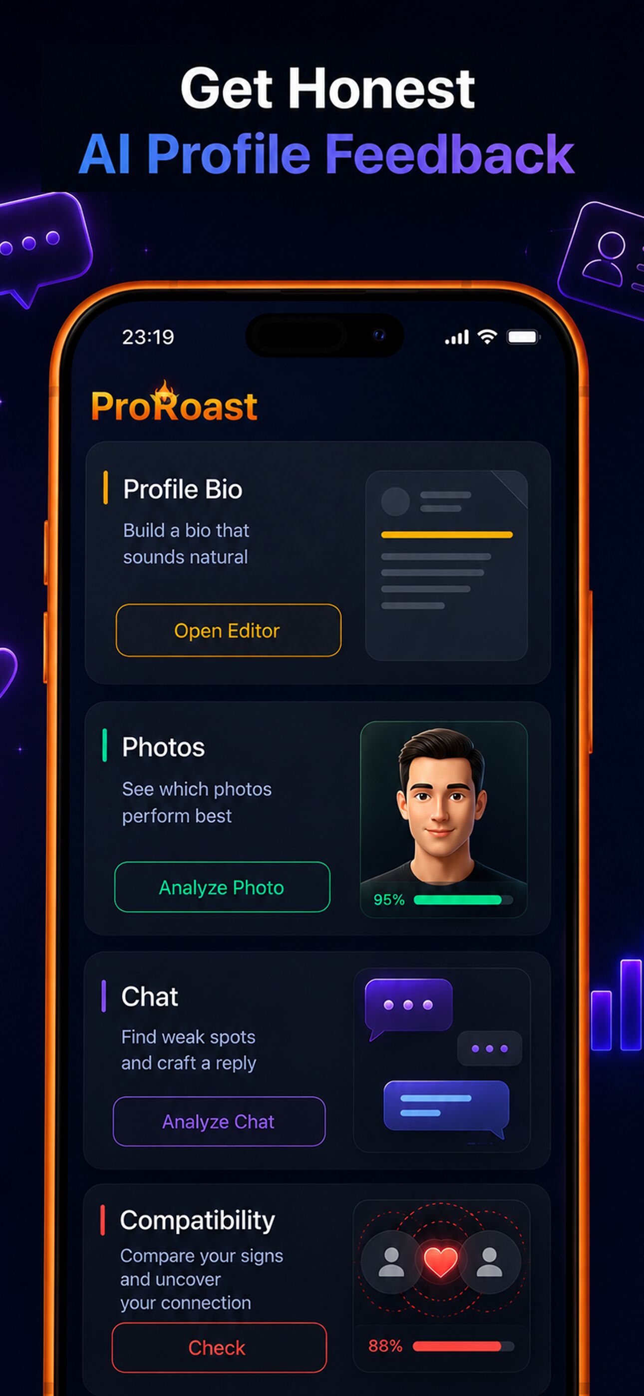 ProRoast screen with profile bio, photo, chat, and compatibility cards