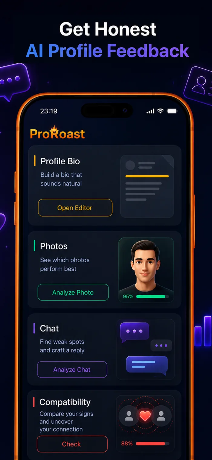 ProRoast profile review shows what to improve across photos, bio and the overall dating profile impression