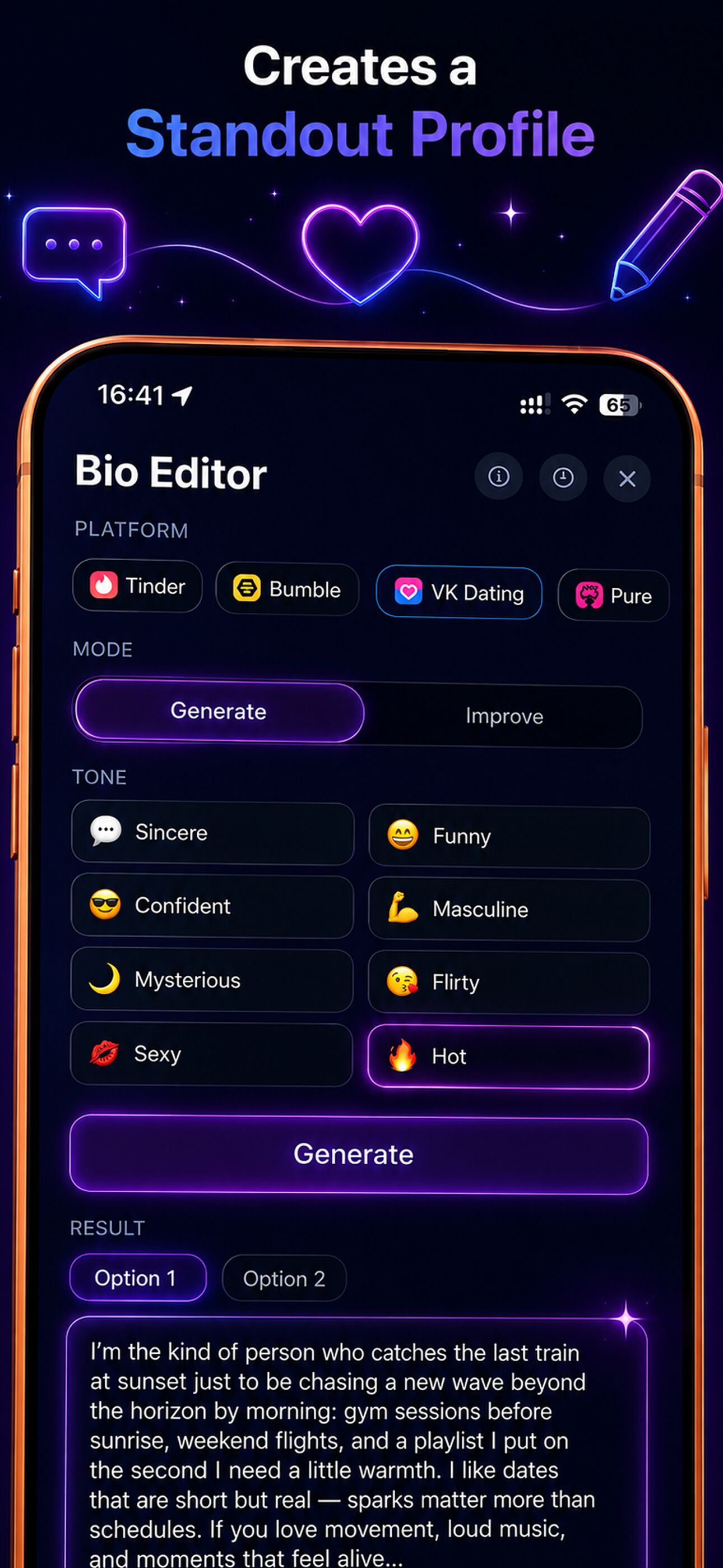 ProRoast bio editor screen with platform, mode, and tone selection