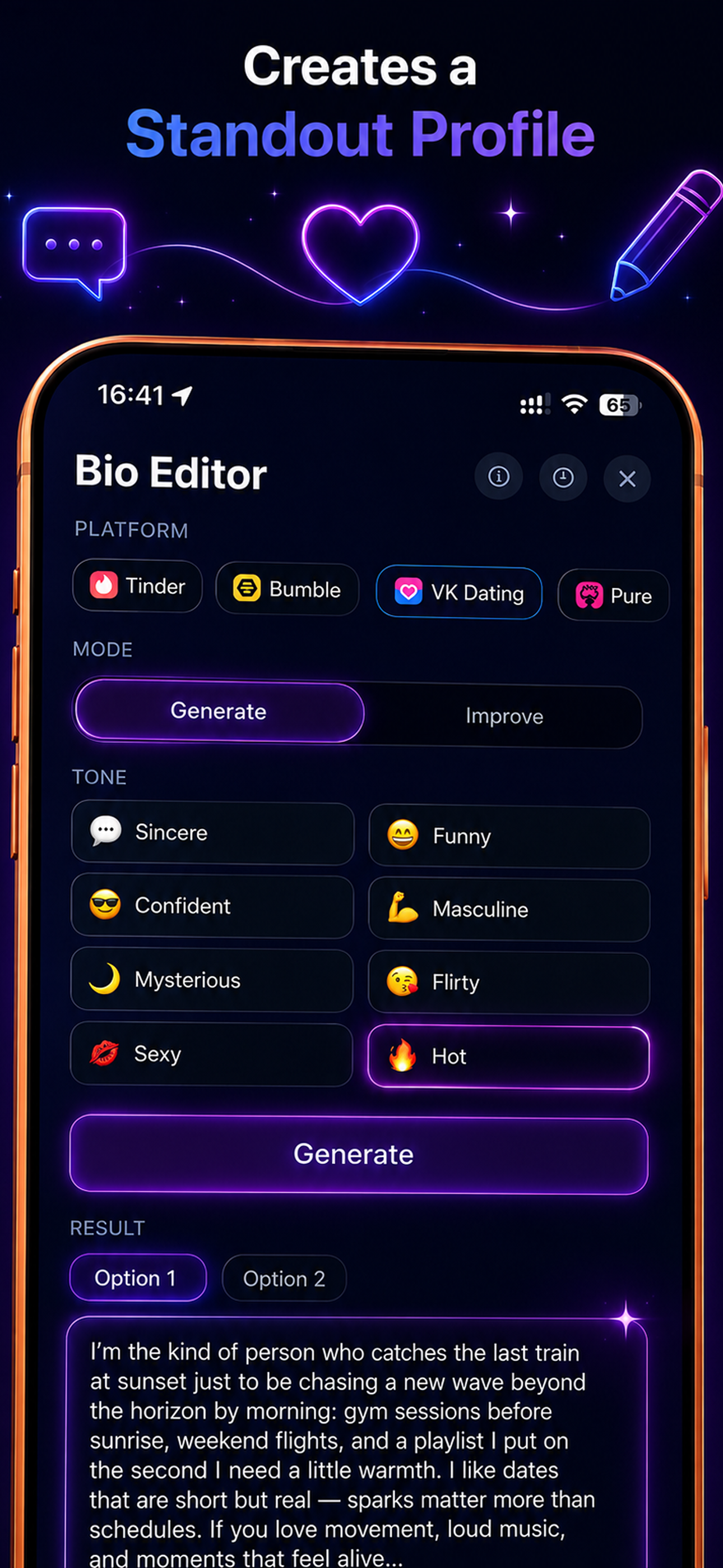 ProRoast bio editor screen with platform, mode, and tone selection
