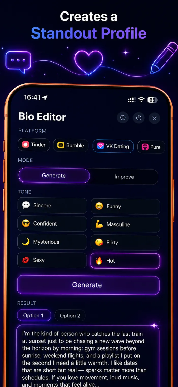 ProRoast Bio Editor helps write dating profile text for Tinder, Bumble, Badoo, VK Dating and other apps