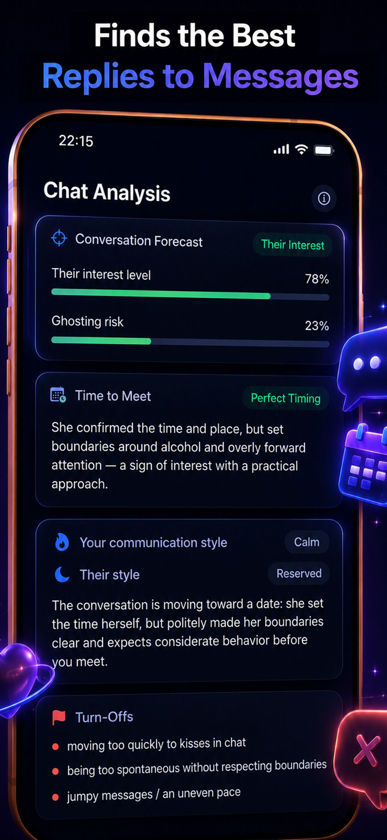 ProRoast chat analysis screen with conversation forecast, ghosting risk, and communication style