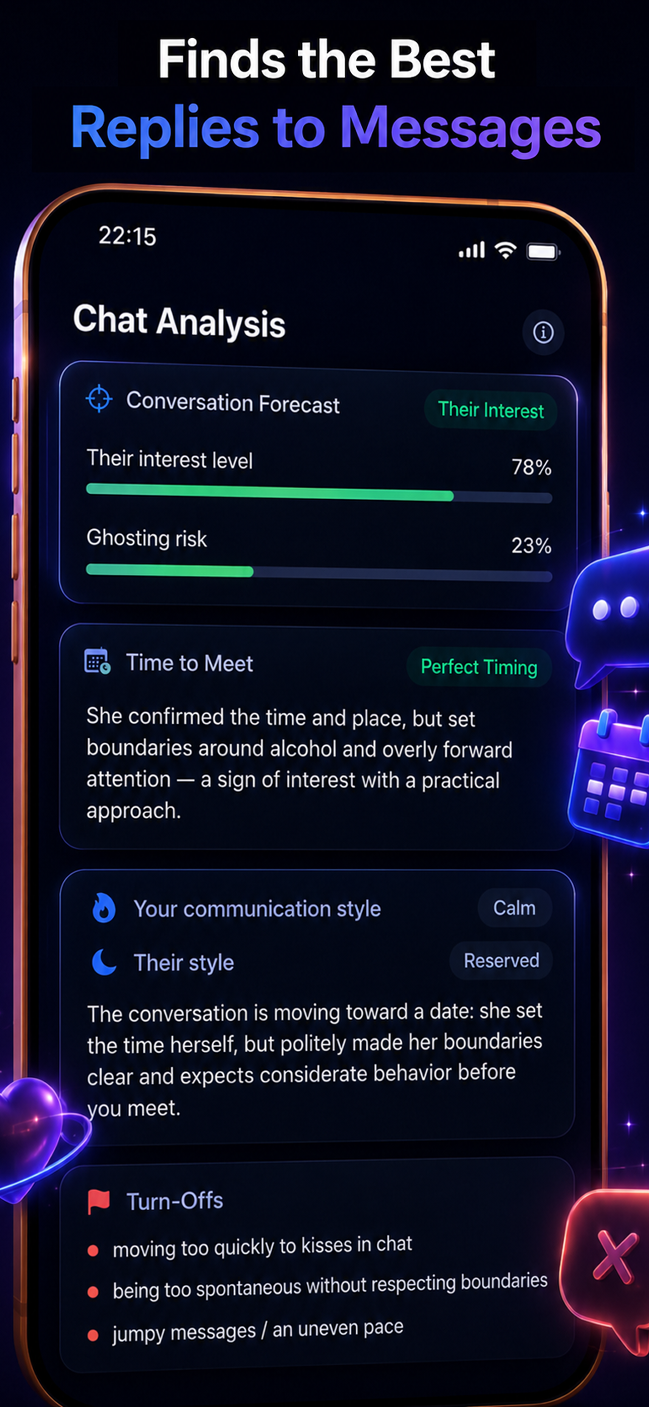 ProRoast chat analysis screen with conversation forecast, ghosting risk, and communication style