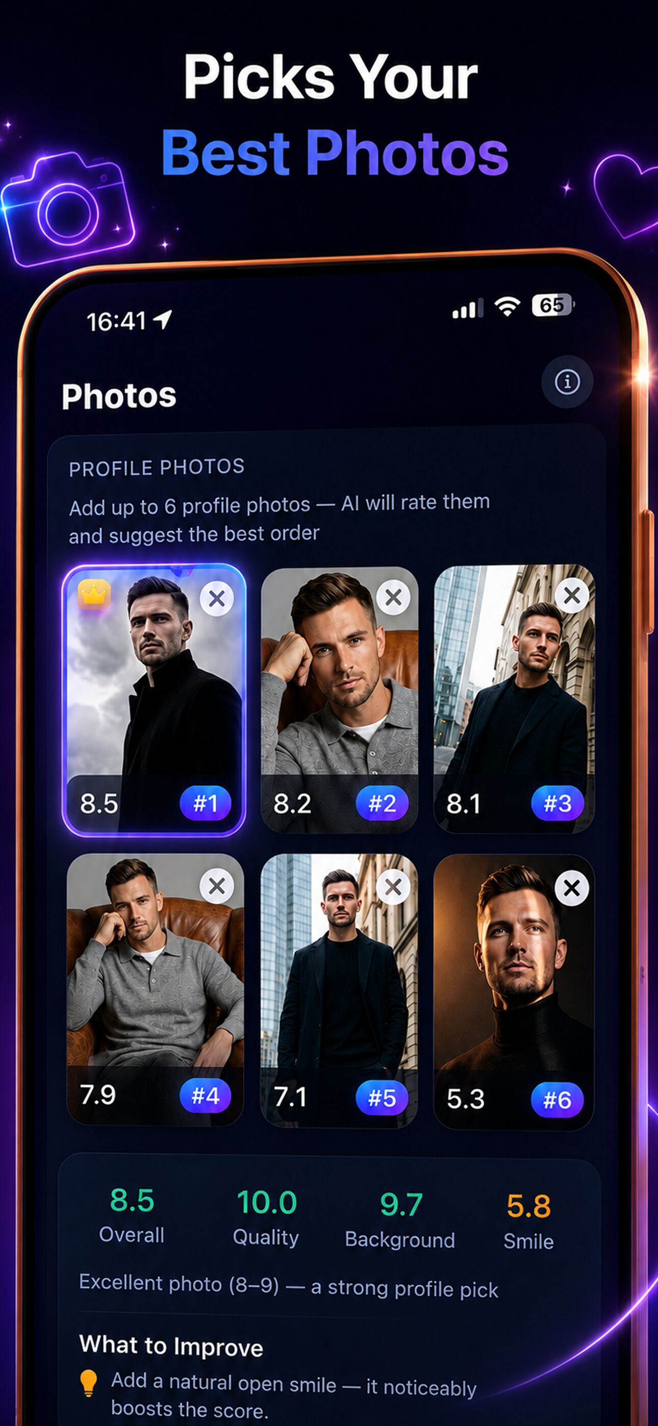 ProRoast photo analysis screen with photo ranking and quality, background, and smile scores