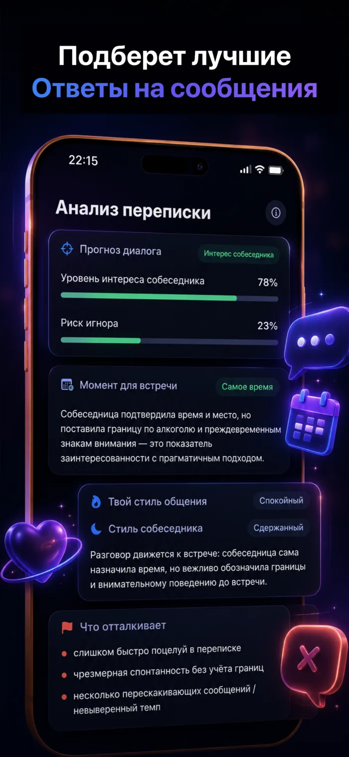 Анализатор переписки в ПроЖарке показывает интерес, риск игнора, момент для встречи и варианты ответа