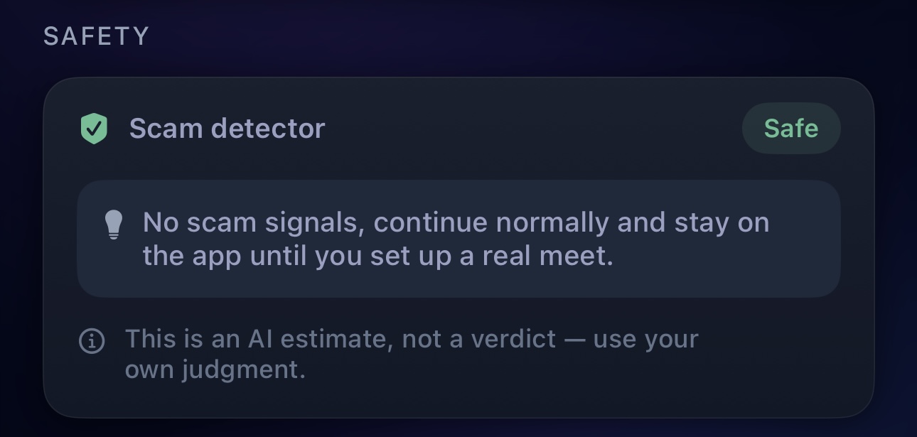 ProRoast safety check: the AI verdict isn't a guarantee, so even a low scam-risk read is a reason to keep money and personal details out of the chat