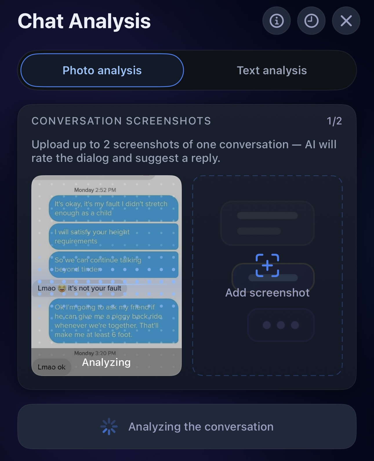ProRoast Chat Analysis upload screen: add the start and continuation of one conversation so the AI can read the dialog in context