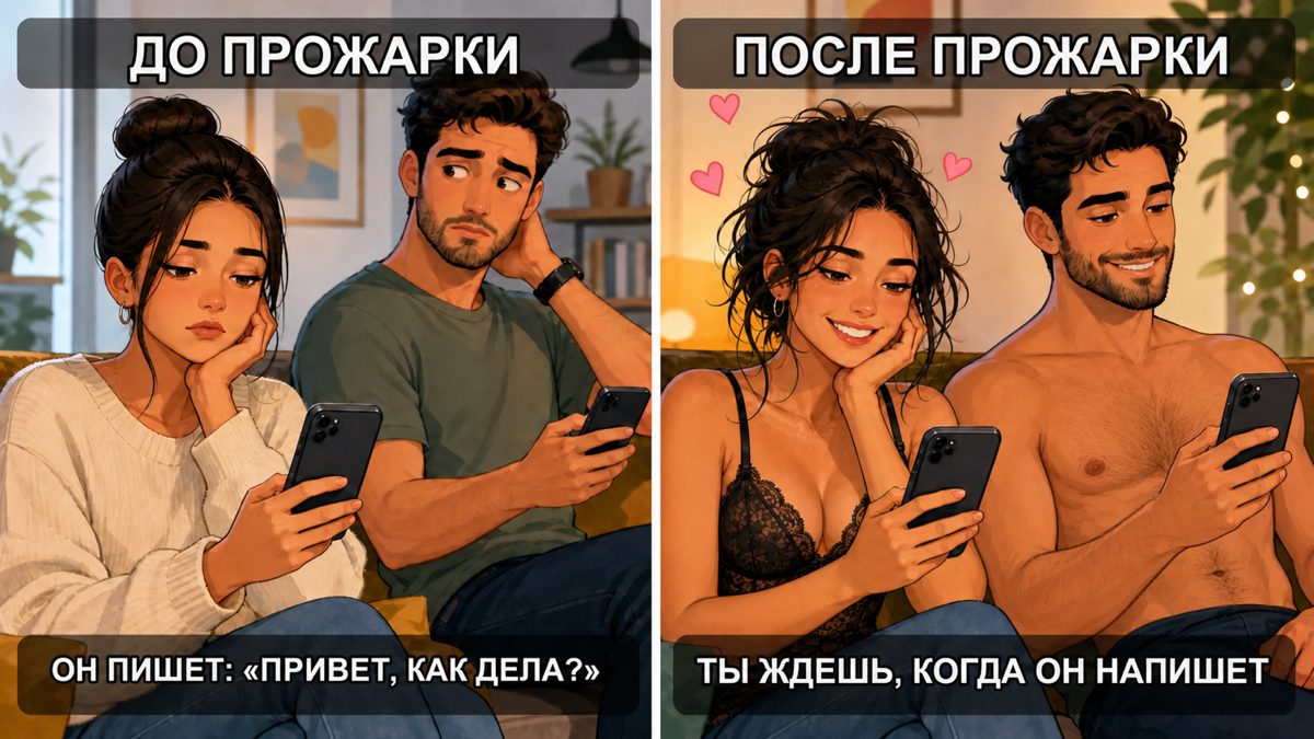 Мем: недовольная девушка до того, как мужчина начал пользоваться ПроЖаркой, и довольная девушка после