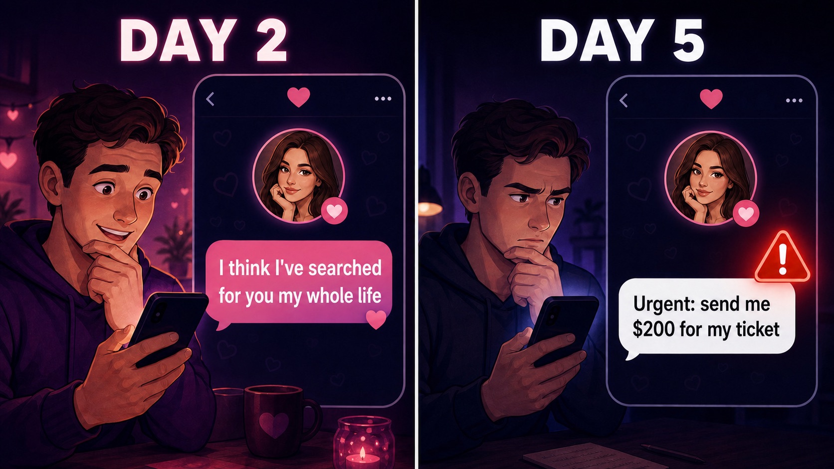Meme: on day two a match says they have searched for you their whole life, and on day five they urgently ask for $200 for a ticket