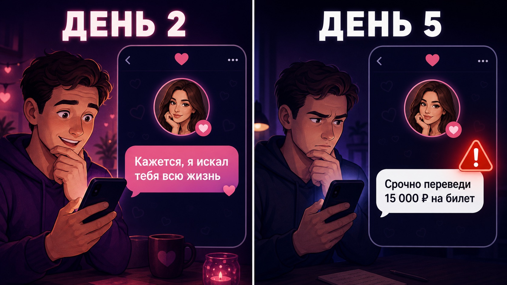 Мем: на второй день собеседник говорит, что искал вас всю жизнь, а на пятый срочно просит 15 000 рублей на билет
