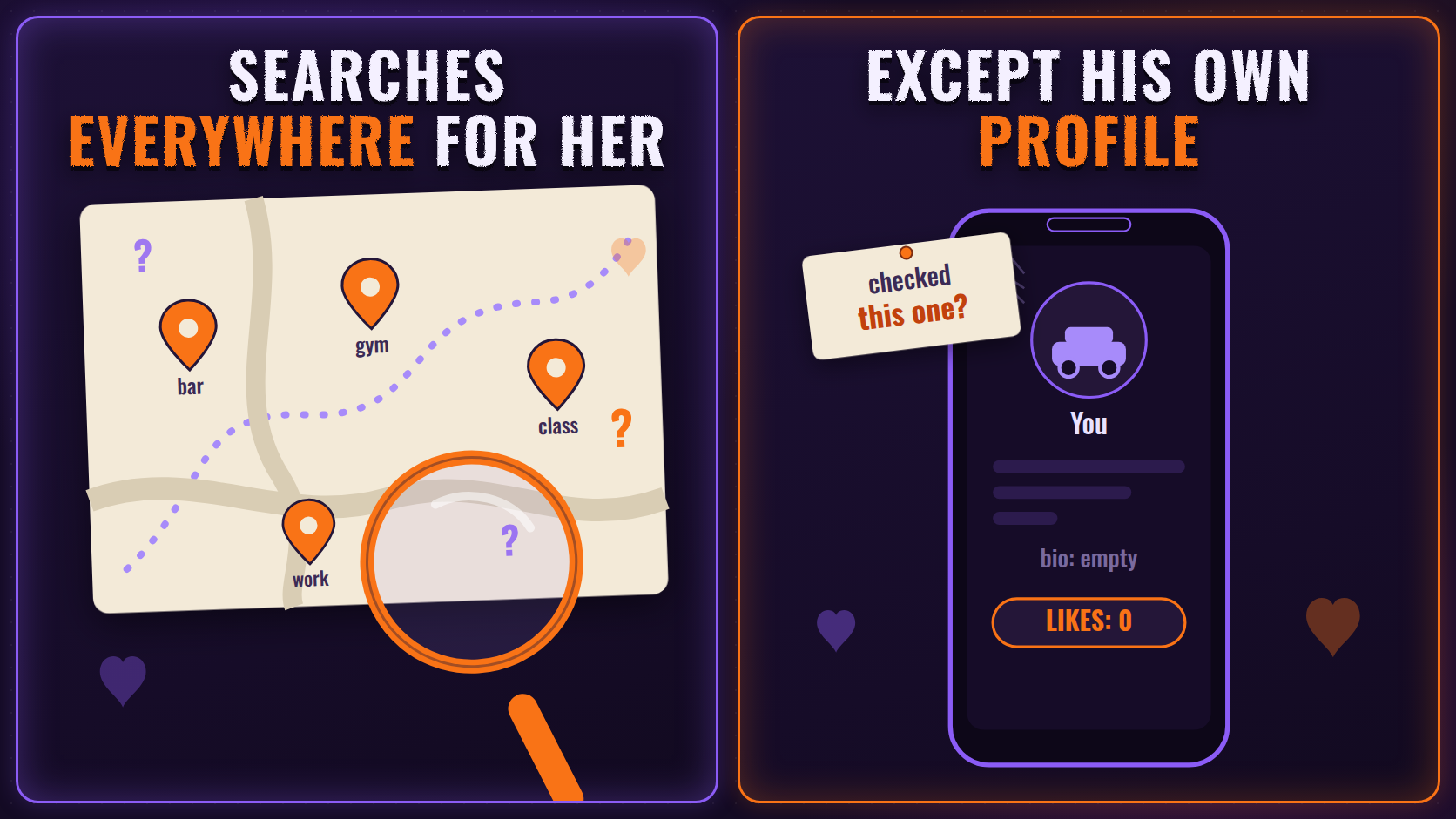 Meme: a man searching for a girlfriend everywhere — the bar, the gym, night classes — everywhere except his own dating profile