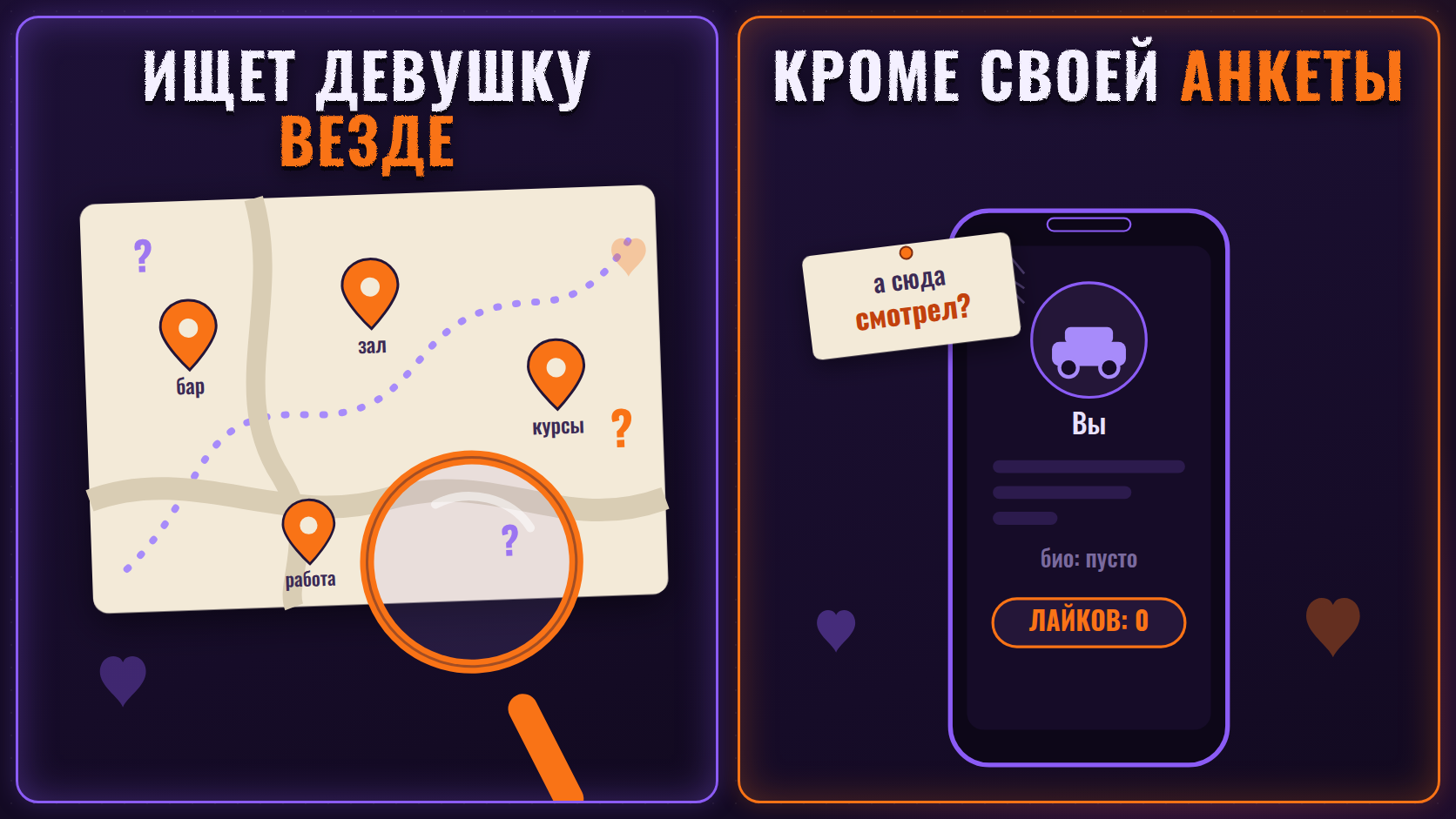 Мем: мужчина ищет девушку везде — в баре, в зале, на курсах, — но не заглядывает в собственную анкету