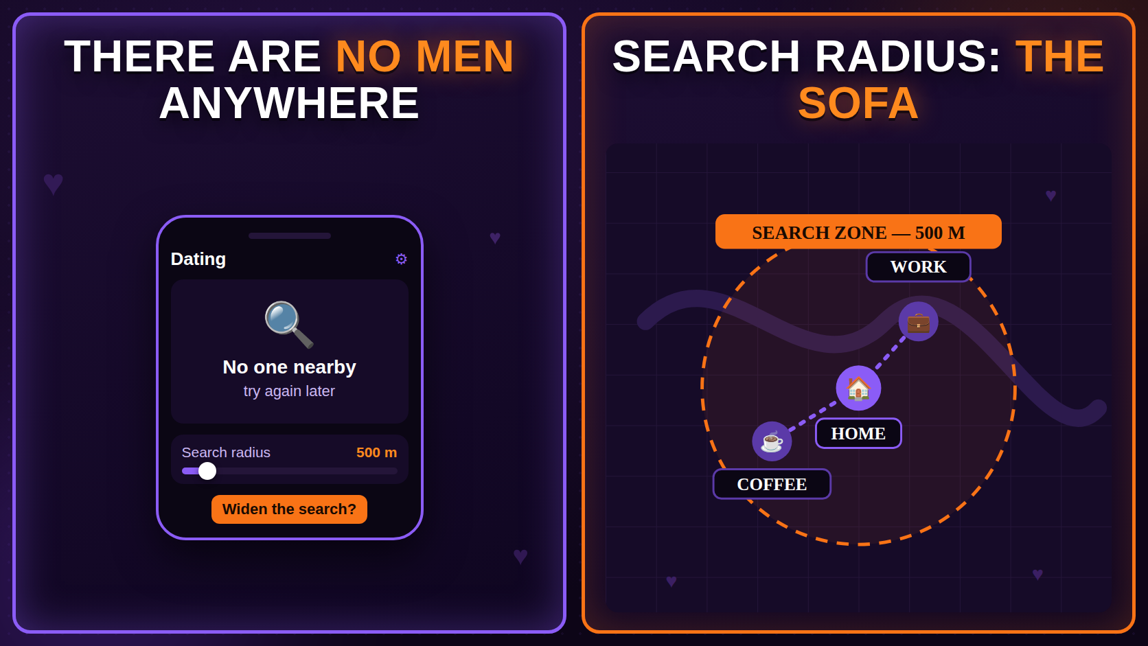 Meme: a woman wants to meet someone new, but her real map is home, office and one coffee shop next door