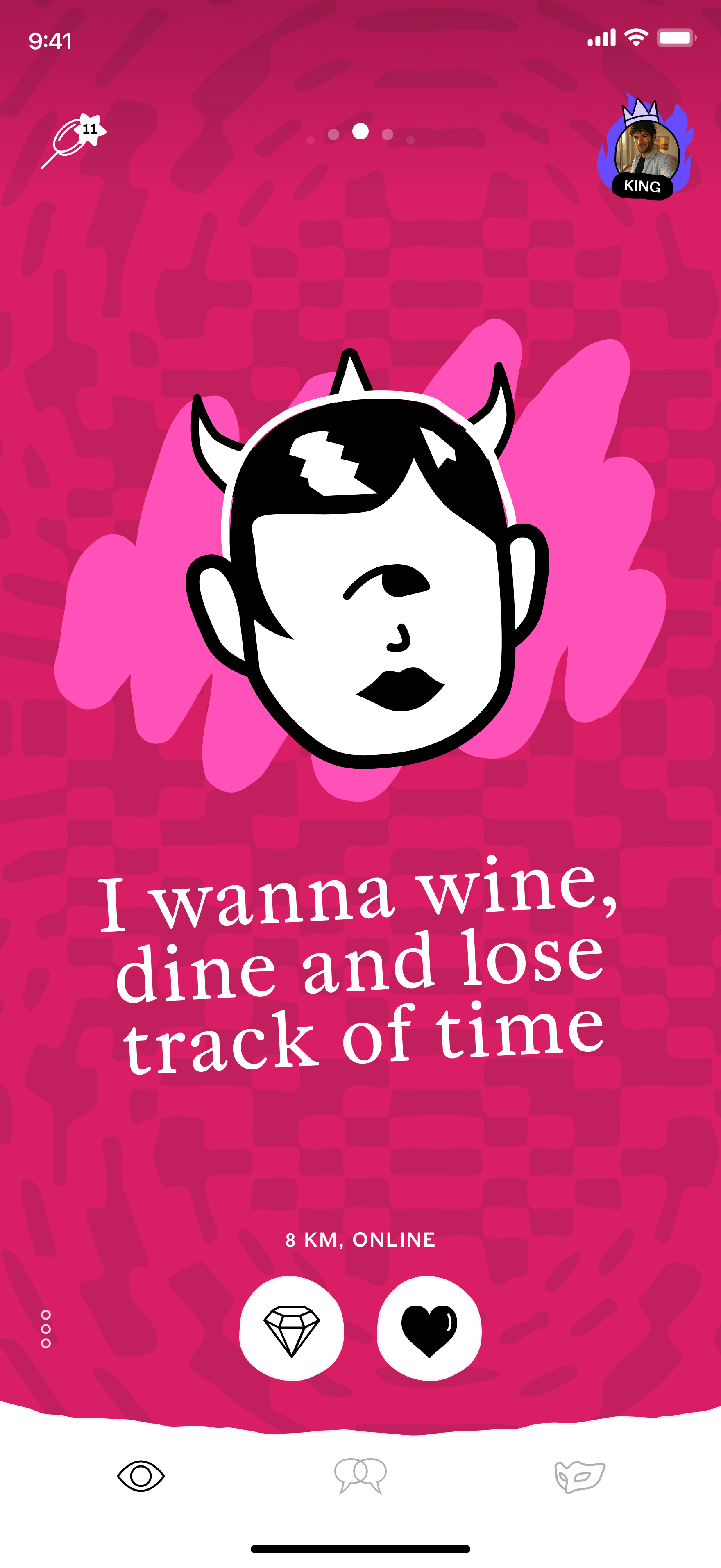 A card in the Pure Feed showing the Personal Ad, distance, Like, gift, and King of the Hill