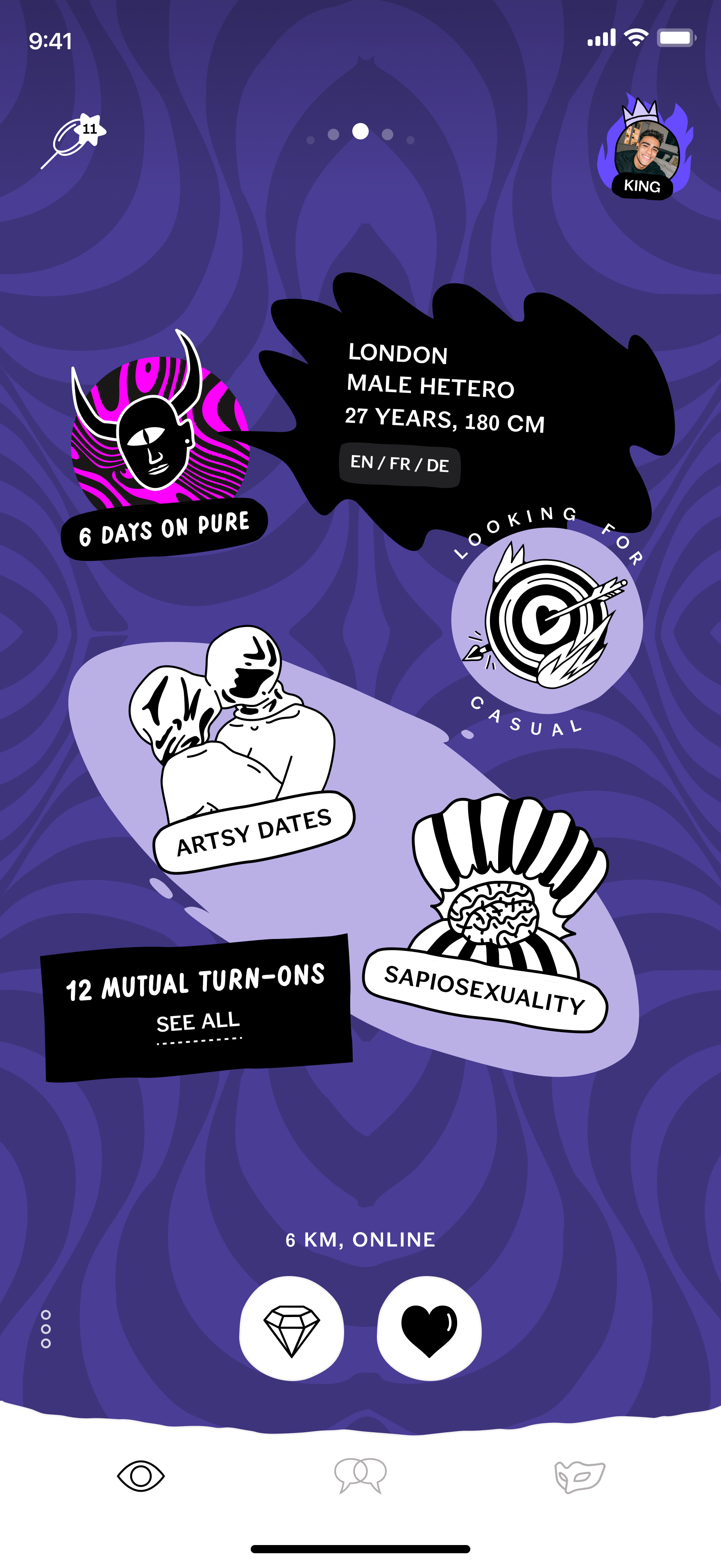 An official Pure profile screen showing profile details, dating goal, and shared Turn-ons